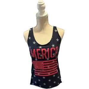 Patriotic, navy blue tank top, with white stars & red America logo! Size: Small